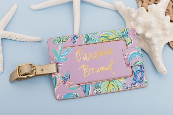 Lilly Pulitzer Leatherette Luggage Tag with Secure Strap, Colorful Suitcase Identifier for Travel