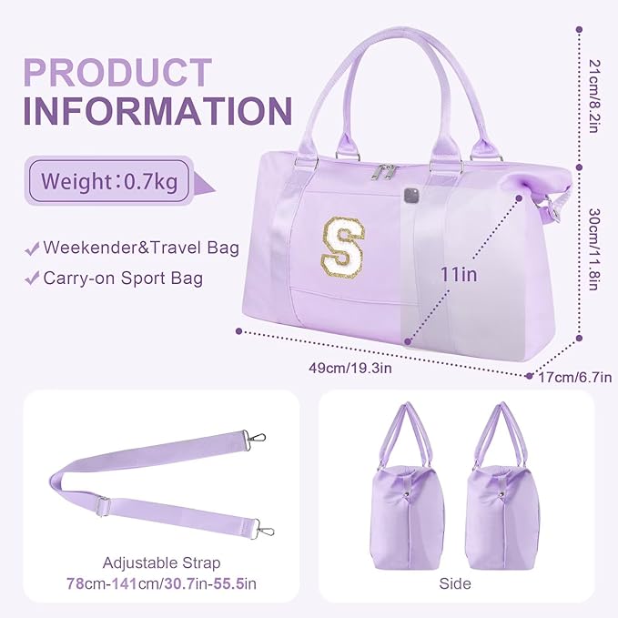 Dance Gym Duffel Bag for Teen Girls, Personalized Initial Travel Weekender Bag,Cute Overnight Carry On Duffle for Women,Sports Travel Cheer Bag,Monogram Christmas Gifts for Tween Preppy(purple-S)