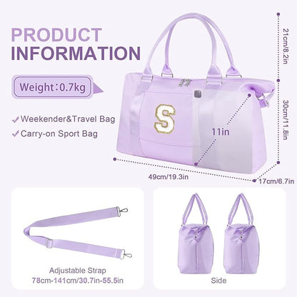 Dance Gym Duffel Bag for Teen Girls, Personalized Initial Travel Weekender Bag,Cute Overnight Carry On Duffle for Women,Sports Travel Cheer Bag,Monogram Christmas Gifts for Tween Preppy(purple-S)