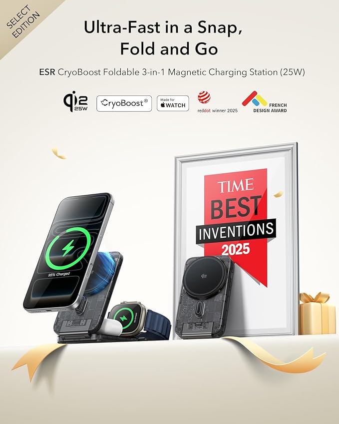ESR 3 in 1 Charging Station for Apple, Qi2.2 25W MagSafe Charger with CryoBoost, Phone-Cooling Wireless Charging Station, Foldable, for iPhone 17/16 with iOS 26, AirPods, Apple Watch, Frosted Graphite