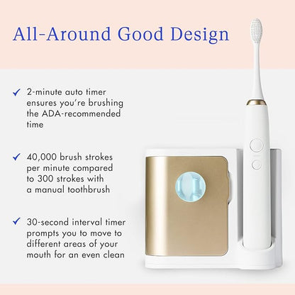Vanity Planet Elements Ultrasonic Electric Toothbrush - Gold - Advanced Oral Care with UV Sanitizing Charger Base with 3 Replacement Heads - 99.9% Effective Keeping Your Teeth Clean