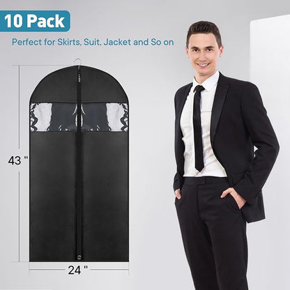 43" Suit Bags for Closet Storage and Travel, Garment Bags for Hanging Clothes, Suit Garment Bag for Men, Black Suit Cover Bags with Clear Window for Coats, Jackets, Shirts（10 Packs）