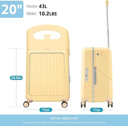 advwin 20" Carry-On Luggage with Seat for Kids & Adults, Lightweight Hardside Ride-On Suitcase with Front Opening, TSA Lock, 360° Spinner Wheels (Yellow, 20-inch)