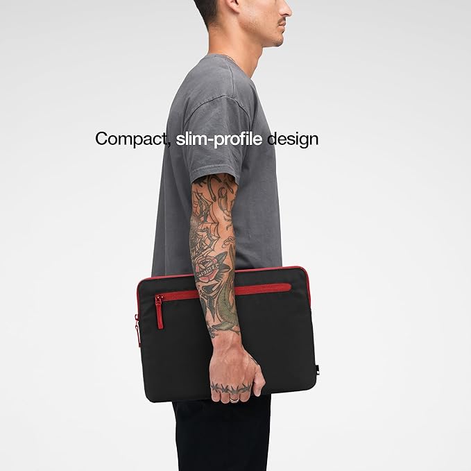 Incase Compact Laptop Sleeve with Flight Nylon - 14-inch MacBook/Laptop & iPad/Tablet Sleeve - Faux Fur Lining, Lightweight, Durable, Weather Resistant, Slip Pocket for Accessories - Black/Signal Red