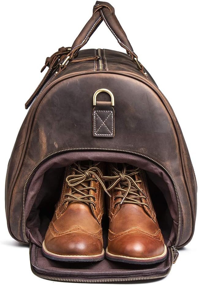 24 Inch Leather Travel Weekend Luggage Bag, Mens Duffle Retro Carry on Handbag (Dark Brown)