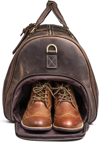 24 Inch Leather Travel Weekend Luggage Bag, Mens Duffle Retro Carry on Handbag (Dark Brown)