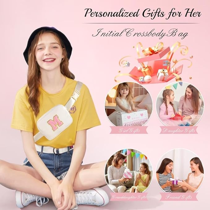 YOOLIFE Gifts for Girls - Initial Belt Bag, Pink Letter Monogrammed Crossbody Bag