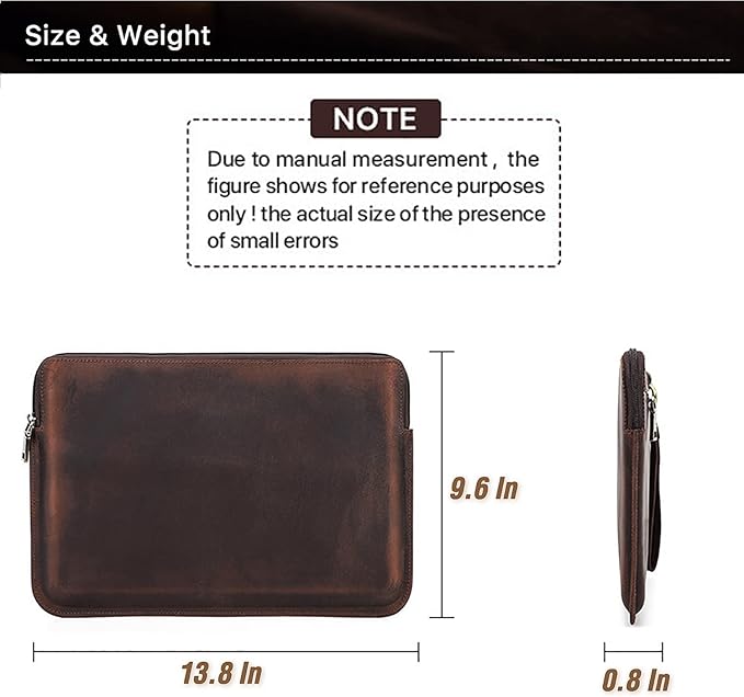 Top Grain Leather 13.3" Slim Laptop Sleeve Bag, Vintage Design with 2 Zip Pockets, Fully Handmade, Compatible with MacBook Pro 13.3" MacBook Air 2022 DELL XPS 13" & other PC, Brown 13.3 Inch