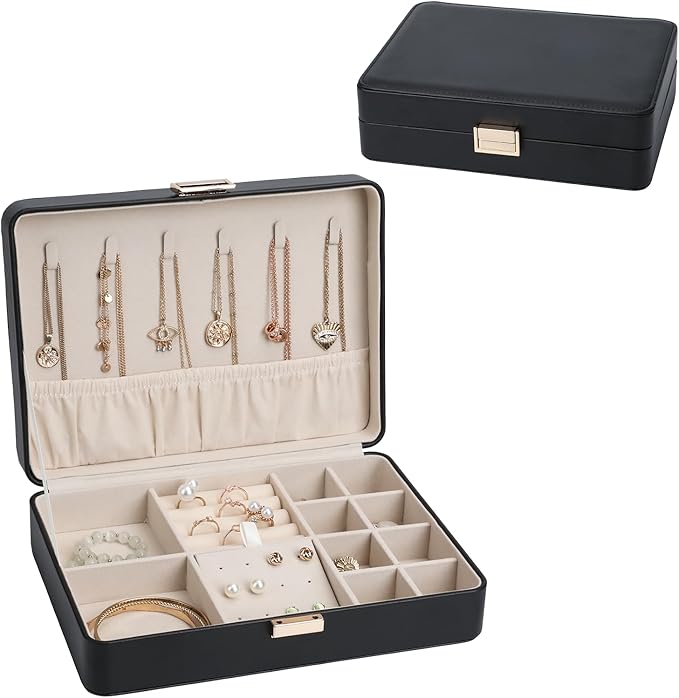 Jewelry Box Travel Jewelry Organizer Case for Women | Portable Storage for Earrings, Necklaces, Rings, Bracelets Gift Ready Box Black