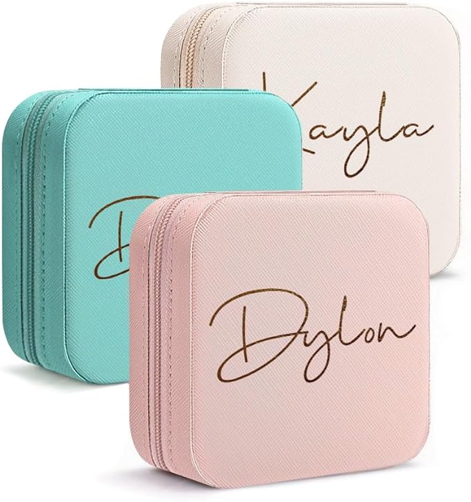 DayOfShe Personalized Name Jewelry Box Christmas Stocking Stuffers for Teenagers Girls Women Gifts, Custom Small Travel Jewelry Case for Wedding Gifts Bridesmaid Proposal Gifts