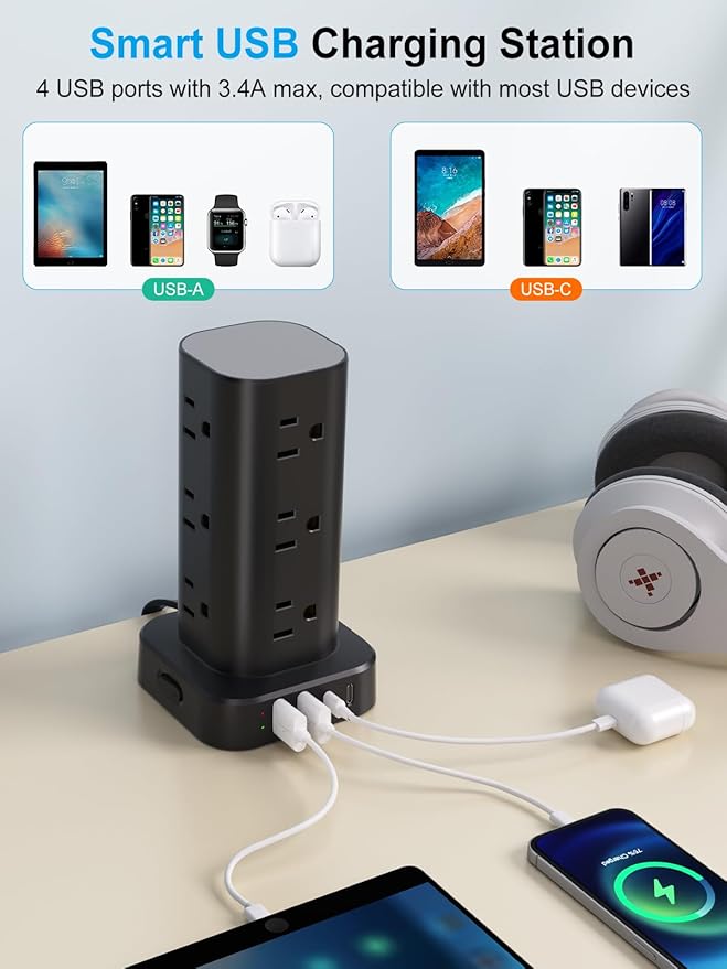 Power Strip with Wireless Charger, Flat Plug Surge Protector with 6FT Extension Cord, 12 AC Multiple Outlets, 4 USB (2 USB C), 15W Wireless Charging Power Tower for Home Office Dorm, Black