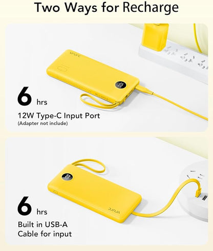 VRURC Portable Charger with Built-in Cables, 10000mAh LED Display USB C Power Bank, Slim Travel Battery Pack with 5 Output 2 Input Compatible with iPhone 17 16 15 13,Samsung,Android etc-Yellow(1 Pack)