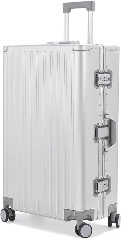 28-inch Aluminum Checked Suitcase: Silver - Full Metal Shell - Crush-Resistant & Burst-Proof, TSA Lock & Spinner Wheels for Business Travel - Men Women