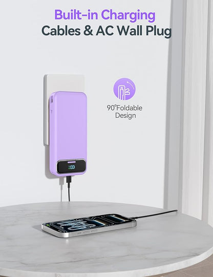 20000mAh Lightweight-Portable-Charger-Power-Bank with Built-in Cables and AC Wall Plug, PD20W USB-C Fast Charging Battery Pack, LED Display External Travel Phone Charger for All iPhone,Samsung,Android