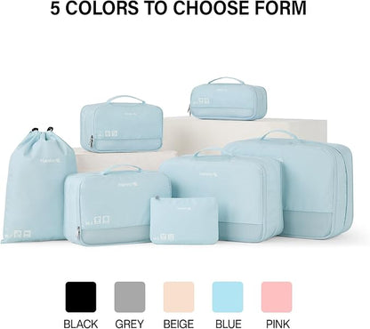 Hanke 7 Set Compression Packing Cubes for Travel, Expandable Large Packing Cubes for Suitcases and Backpack, Luggage Packing Organizer Bags with Double Zipper as Travel Essentials