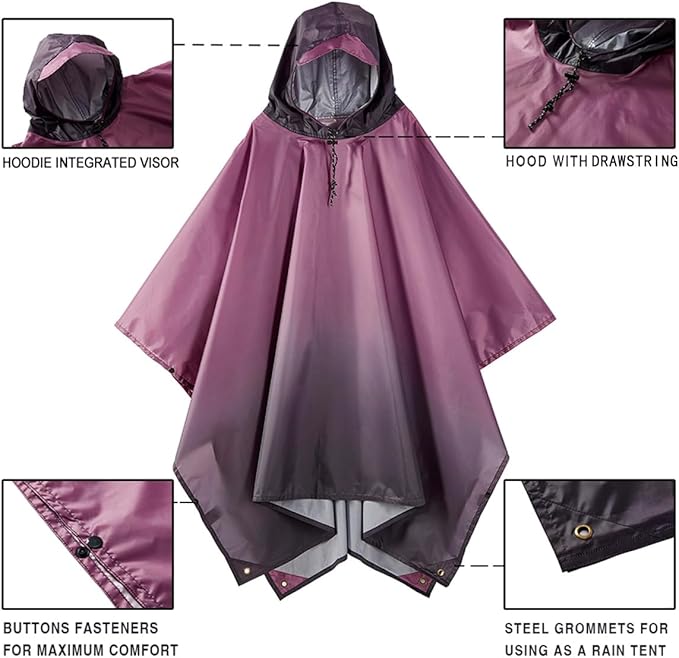 Hooded Rain Poncho for Adult, Waterproof Lightweight Raincoat for Hiking Camping