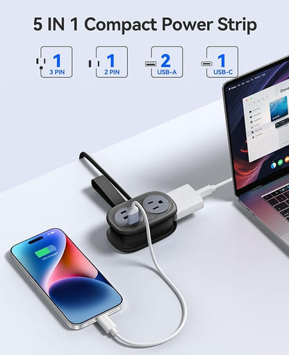 ORICO Pocket Power Strip for Travel, 5 in 1 Extension Cord with 2 AC Outlets 2 USB-A and 1 USB-C Ports, 3.7 ft Flat Plug Wrapped Around Power Strip for Cruise Office, Hotel, Home- AP3 (Black)