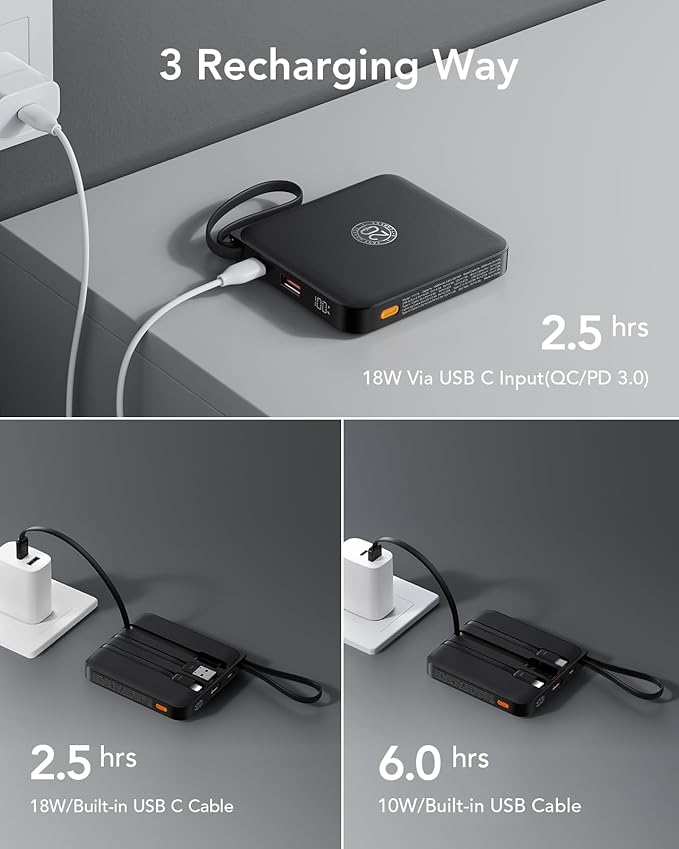 VRURC Portable Charger with Built-in Cable, 10000mAh 22.5W Fast Charging USB C Battery Pack, Cell Phone Power Bank for iPhone 17 16 15 Samsung Galaxy S25 S24 S23 Series Android Tablet, Black(1 Pack)
