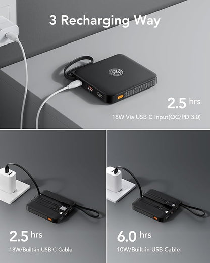 VRURC Portable Charger with Built-in Cable, 10000mAh 22.5W Fast Charging USB C Battery Pack, Cell Phone Power Bank for iPhone 17 16 15 Samsung Galaxy S25 S24 S23 Series Android Tablet, Black(1 Pack)