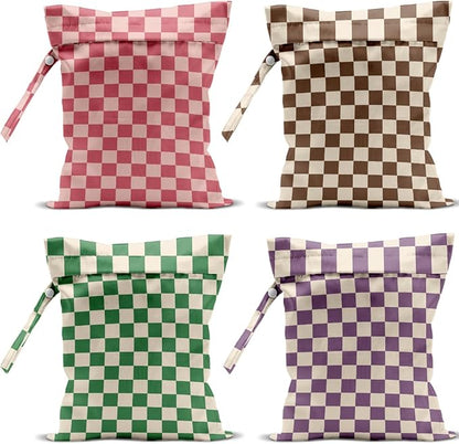 4 Pack Cute Wet Bag Waterproof Washable Reusable Wet Dry Bag for Swimsuit Dirty Clothes Cloth Diaper Beach Pool Yoga Gym Party Camping Toiletries Travel Beach Essentials Colorful Checkered