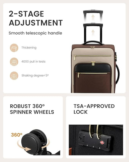 LOVEVOOK Carry on Suitcase 22x14x9 Airline Approved,20 inch Lightweight Waterproof Suitcases with 360° silent swivel wheels, TSA Lock and Compartment, Large Capacity travel Suitcase Apricot-Coffee