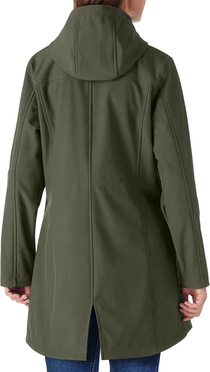 Outdoor Ventures Women's Lightweight Waterproof Fleece Lined Hooded Softshell Rain Jacket, Warm Windbreaker Long Coat