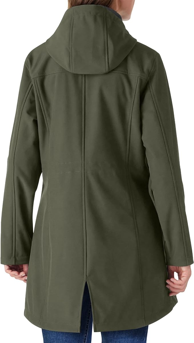 Outdoor Ventures Women's Lightweight Waterproof Fleece Lined Hooded Softshell Rain Jacket, Warm Windbreaker Long Coat