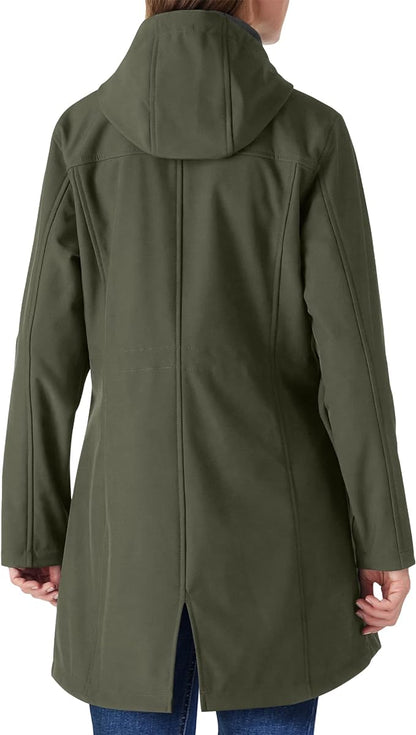Outdoor Ventures Women's Lightweight Waterproof Fleece Lined Hooded Softshell Rain Jacket, Warm Windbreaker Long Coat