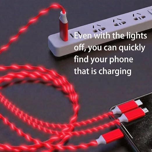 USB Cable PD Fast Charger Lighted Up (USB 3IN1 Red),Phone Data Cable, Flowing Light Charging Cable, 39-inch, TPE Material, Compatible with Almost All Phones, Tablets, and Headphones.