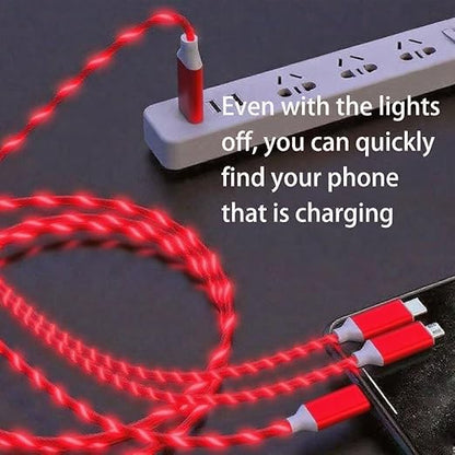 USB Cable PD Fast Charger Lighted Up (USB 3IN1 Red),Phone Data Cable, Flowing Light Charging Cable, 39-inch, TPE Material, Compatible with Almost All Phones, Tablets, and Headphones.