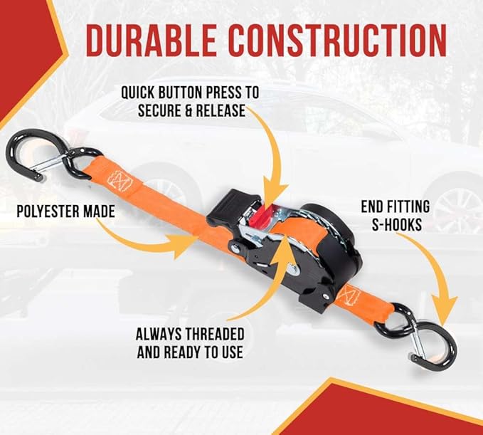Mytee Products 1'' x 12' Retractable Ratchet Straps Kit with Safety Lock S Hook, 4 Soft Loops & Storage Bag - Self Ratcheting Tie Down Strap with 500 lbs WLL for Boat, Jet Ski, ATVs, Bikes - Orange