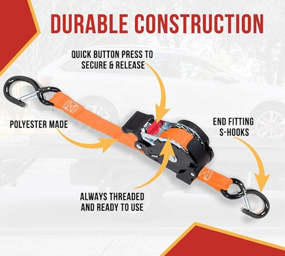 Mytee Products 1'' x 12' Retractable Ratchet Straps Kit with Safety Lock S Hook, 4 Soft Loops & Storage Bag - Self Ratcheting Tie Down Strap with 500 lbs WLL for Boat, Jet Ski, ATVs, Bikes - Orange