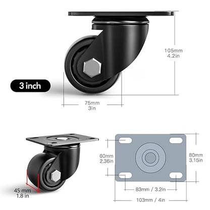 3 Inch Caster Wheels Set of 4, Heavy Duty Casters Load 4400lbs, Low Gravity Centere Industrial Swivel Casters, Plat Caster for Furniture and Workbench