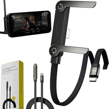 2026 New Sideways Phone Charger - 240W Braided Fast Charge Cable with Built-in Phone Stand, 2-in-1 Invisible Holder Charger Cable for iPhone, for Samsung and USB-C Devices (Type-C to Lightning)
