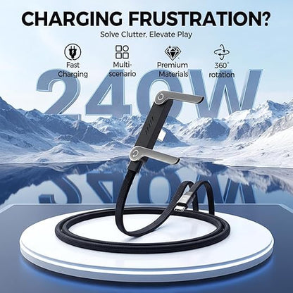 2026 Upgrade 240W Braided Fast Charge Cable with Built-in Phone Stand T-Shaped Foldable Durable USB-C Cord 90 Degree USB C Cable Right Angle Multi-Functional Charger Cord, 4.9FT (4pcs)