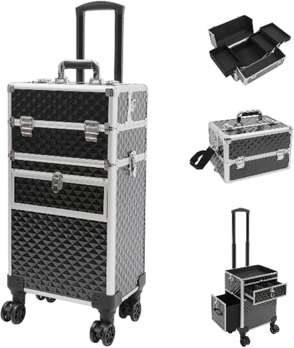 Beauty Luggage Rolling Lockable Makeup Train Case Stylist Cosmetic Luggage Travel Organizer with Hair Dryer Holder & Compartment