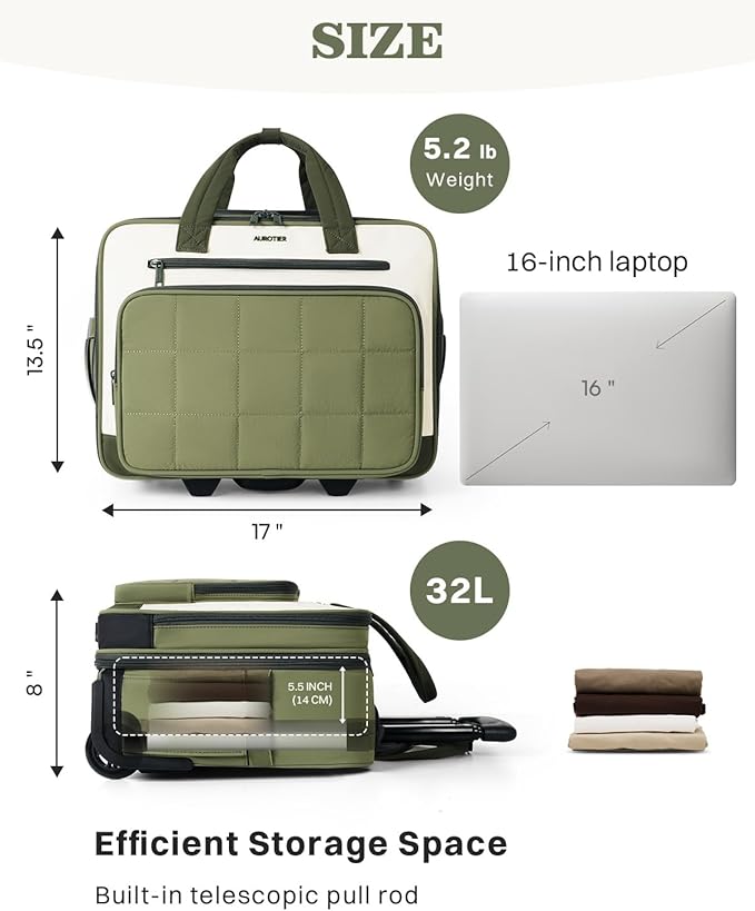 Rolling Puffer Laptop Bag, Rolling Briefcase for Women, Wheeled 16 Inch Computer Bag, Water Resistant Stylish Overnight Underseat Carry On Luggage with Wheels for Work Travel Business, Green