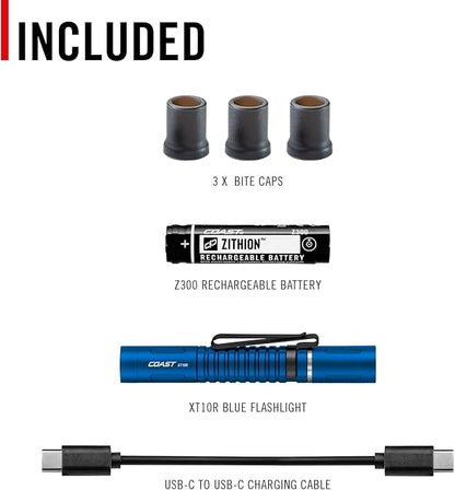 COAST XT10R 280 Lumen USB-C Rechargeable Pocket Flashlight/Penlight with TWIST FOCUS and Two-Way Clip, 3 Bite Caps included, Pocket Size for EDC, Work and Emergencies, BLUE