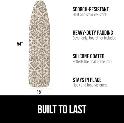 The Original GORILLA GRIP Ironing Board Cover and Pad, Silicone Coating, Thick Scorch Resistant Padding, Heavy Duty Iron Covers Standard Boards, Hook and Loop Fastener Strap, Damask, 15x54