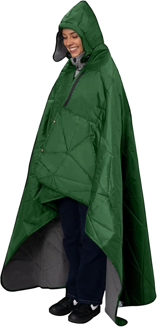 Outdoor Waterproof Blanket, Foldable Fleece Stadium Blanket for Outdoor Sports Event, Camping, Car, Pet, Picnics - Windproof, Wearable, Machine Washable 80" x 58" (Green,Hooded)