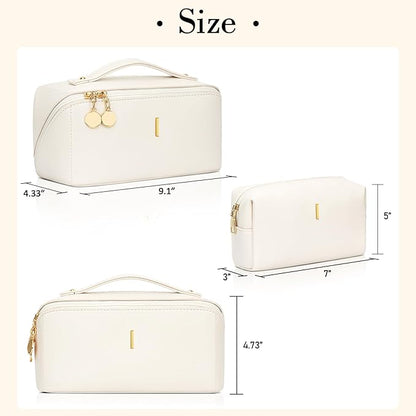 Birthday Gifts for Women Teen Girl, Personalized Initial Makeup Organizer Bag Set, Open Flat Travel Cosmetic Bag With Clear Divider and Handle(Beige,I)