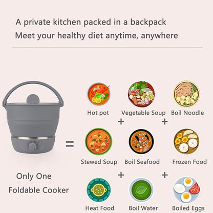 Drizzle Foldable Electric Cooker Travel Hot Pot - Dual Voltage 100V-240V Hot Pot Cooking - Food Grade Silicone Cookerware Boiling Water Steamer - Camping Office Hotel Noodle Porridge Soup Drom