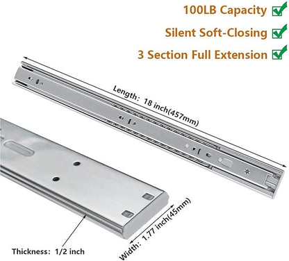 LONTAN 1 Pair 18 Inch Side/Rear Mount Soft Close Drawer Slides Full Extension 3 FOLD Drawer Glides - 4502S3-18 Drawer Slides Bottom Mount Heavy Duty 100 LB Drawer Runners
