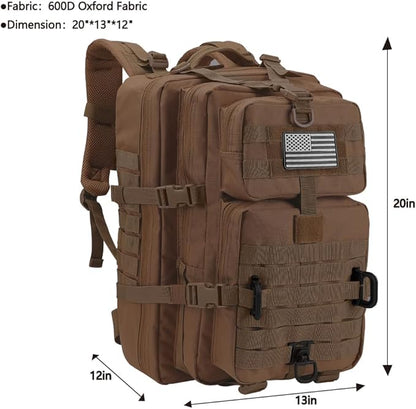 MOLLE Assault Backpack, Tactical Backpack Military Army Camping Rucksack, 3-Day Pack Trip w/USA Flag Patch, D-Rings, Dark Brown