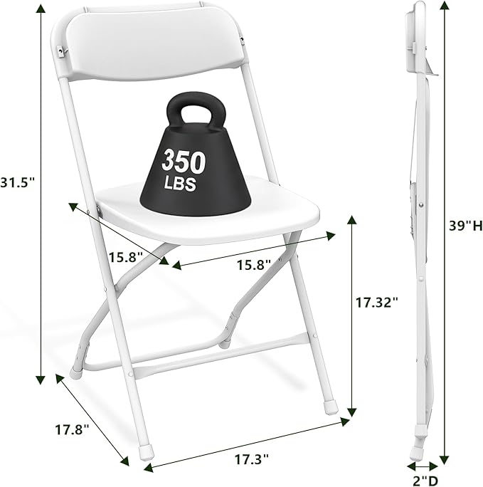 Folding Chairs 4 Pack, Outdoor Portable Foldable Chair with Steel Frame, 350lbs Capacity Heavy Duty Metal White Plastic Folding Chairs for Patio, Picnic, Kitchen, Dining