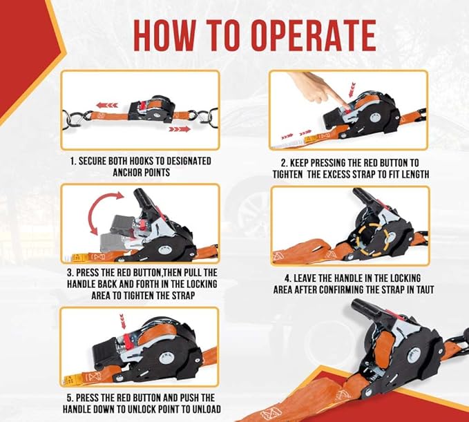 Mytee Products 1'' x 12' Retractable Ratchet Straps Kit with Safety Lock S Hook, 4 Soft Loops & Storage Bag - Self Ratcheting Tie Down Strap with 500 lbs WLL for Boat, Jet Ski, ATVs, Bikes - Orange
