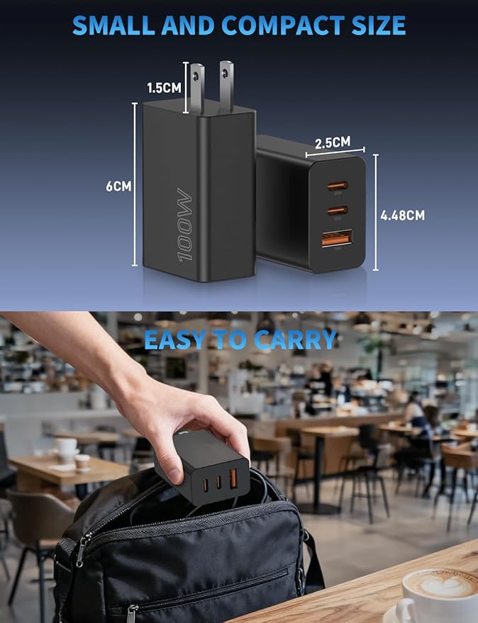 2Pack 100W USB C Charger Block, 3Port Fast Charging Adapter, Type C Fast Charging Blocks Cube PD USBC Wall Plug+QC3.0 USB A Charger Brick for MacBook Pro/Air,iPad,iPhone 17/16,Samsung S25 &More-Black