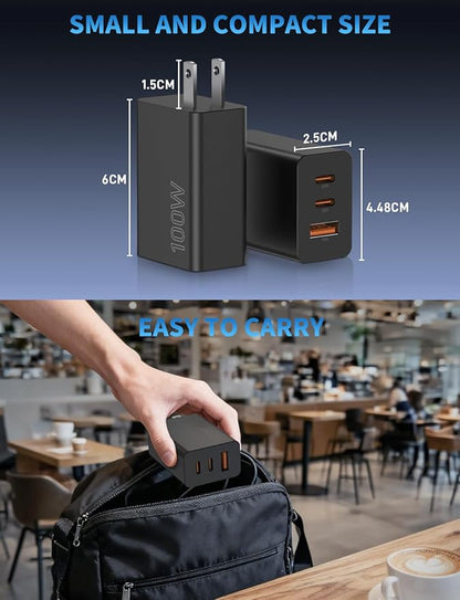 2Pack 100W USB C Charger Block, 3Port Fast Charging Adapter, Type C Fast Charging Blocks Cube PD USBC Wall Plug+QC3.0 USB A Charger Brick for MacBook Pro/Air,iPad,iPhone 17/16,Samsung S25 &More-Black