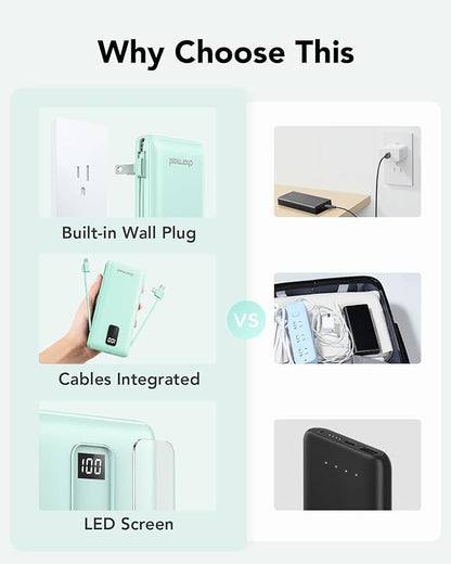 charmast Portable Charger with Built-in Cables and Plug, 10000mAh USB C Power Bank Fast Charging, External Battery Pack Slim, Travel Essentials Compatible with iPhones, Samsung Galaxy, iPad