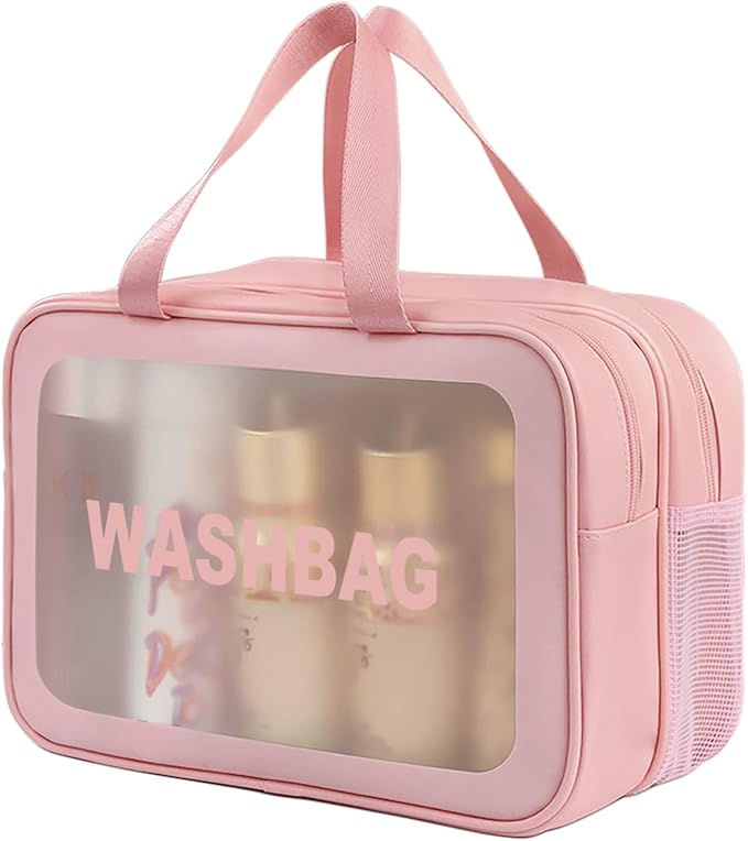 Travel Toiletry Bag for Women, Matte Translucent Toiletry Bag with Handy Handle, Makeup Cosmetic Organizer Bag for Travel Toiletries Accessories (Pink-XL)